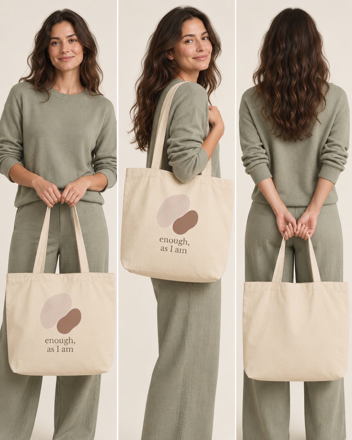 Enough Everyday Tote shown from the side on a model