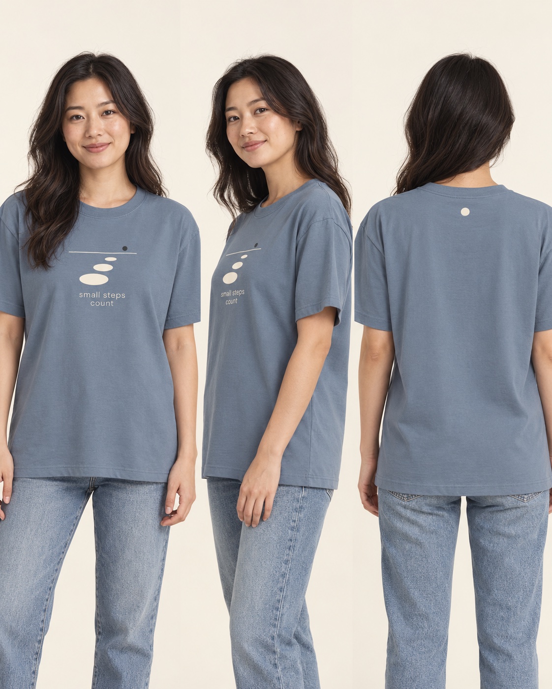 Small Steps Tee shown from the front on a model